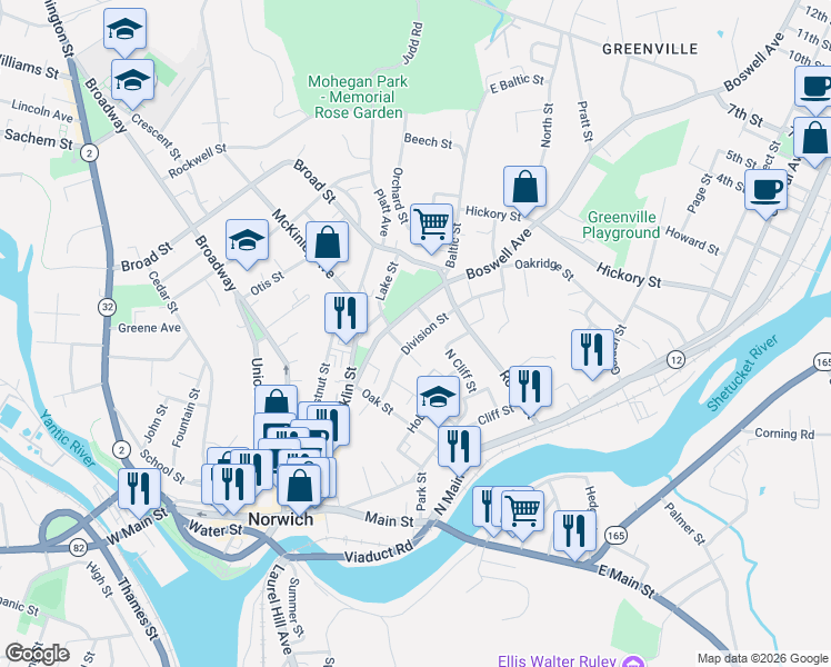 map of restaurants, bars, coffee shops, grocery stores, and more near 66 Division Street in Norwich