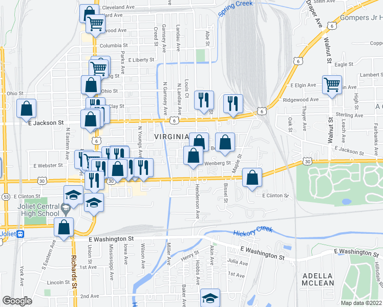 map of restaurants, bars, coffee shops, grocery stores, and more near 628 East Benton Street in Joliet
