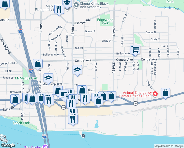 map of restaurants, bars, coffee shops, grocery stores, and more near 2018 Ridgeway Court in Bettendorf