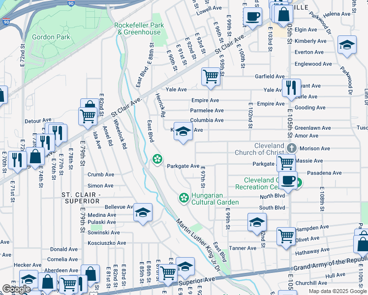 map of restaurants, bars, coffee shops, grocery stores, and more near 1000 East 92nd Street in Cleveland
