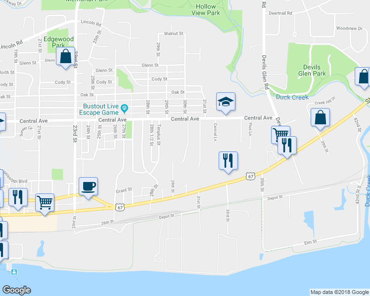 map of restaurants, bars, coffee shops, grocery stores, and more near 806 30th Street in Bettendorf