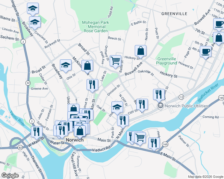 map of restaurants, bars, coffee shops, grocery stores, and more near 36 Reynolds Street in Norwich