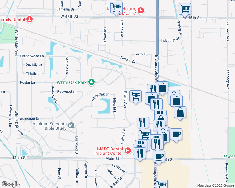 map of restaurants, bars, coffee shops, grocery stores, and more near 10138 Idlewild Lane in Highland