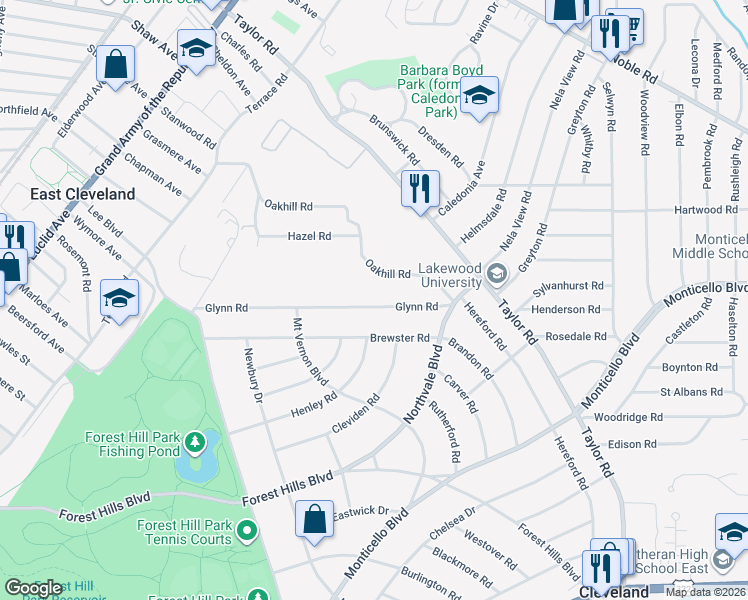 map of restaurants, bars, coffee shops, grocery stores, and more near 16117 Brewster Road in East Cleveland