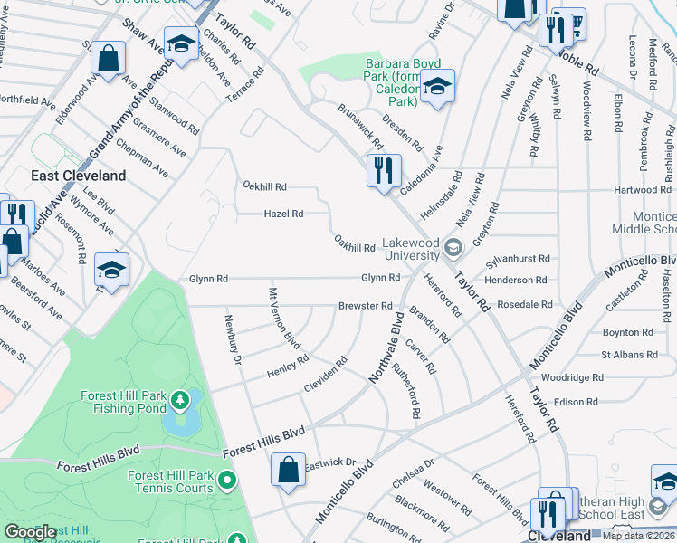map of restaurants, bars, coffee shops, grocery stores, and more near 16117 Brewster Road in East Cleveland