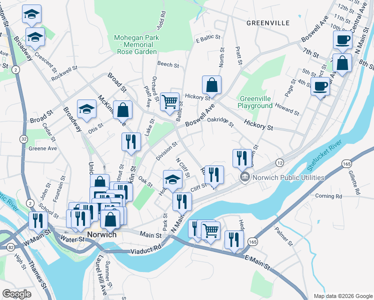 map of restaurants, bars, coffee shops, grocery stores, and more near 70 North Cliff Street in Norwich