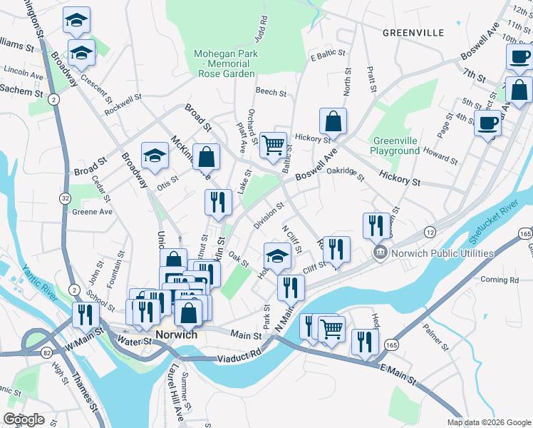 map of restaurants, bars, coffee shops, grocery stores, and more near 36 Reynolds Street in Norwich
