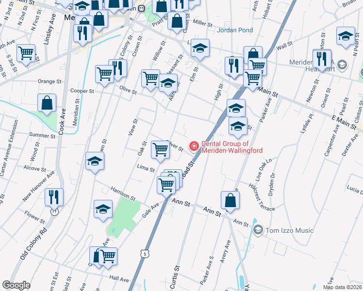 map of restaurants, bars, coffee shops, grocery stores, and more near 14 Woodley Court in Meriden