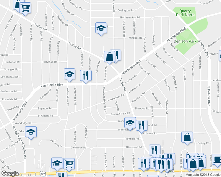 map of restaurants, bars, coffee shops, grocery stores, and more near 3819 Woodridge Road in Cleveland Heights
