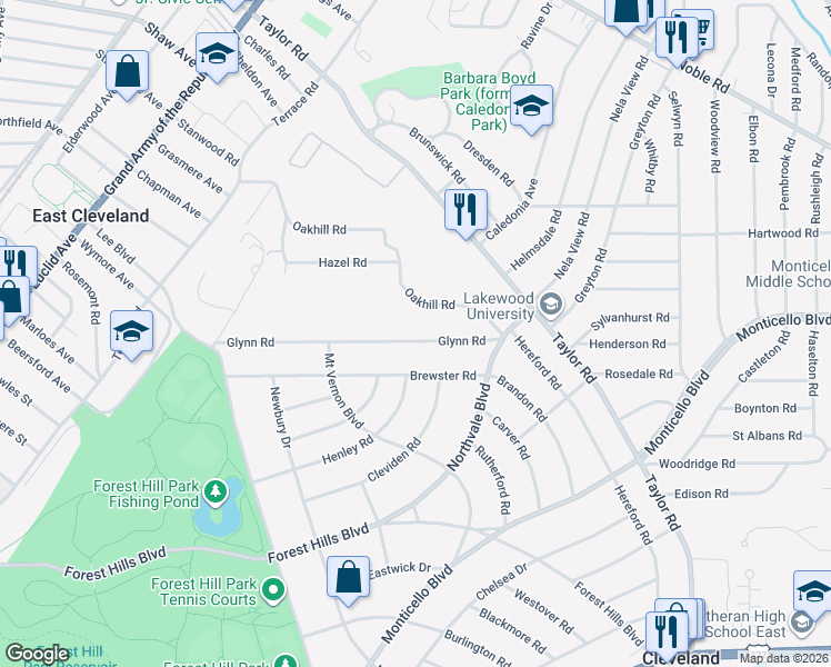 map of restaurants, bars, coffee shops, grocery stores, and more near 16117 Brewster Road in East Cleveland