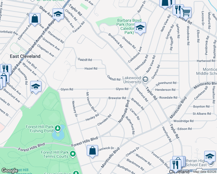 map of restaurants, bars, coffee shops, grocery stores, and more near 16117 Brewster Road in East Cleveland