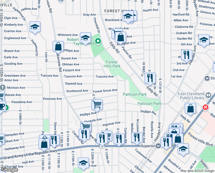 map of restaurants, bars, coffee shops, grocery stores, and more near 12402 Forest Grove Avenue in Cleveland