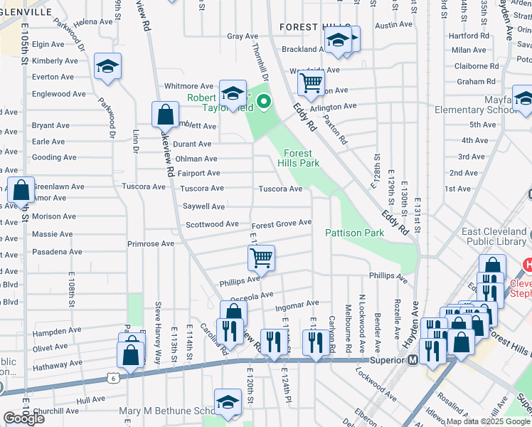 map of restaurants, bars, coffee shops, grocery stores, and more near in Cleveland
