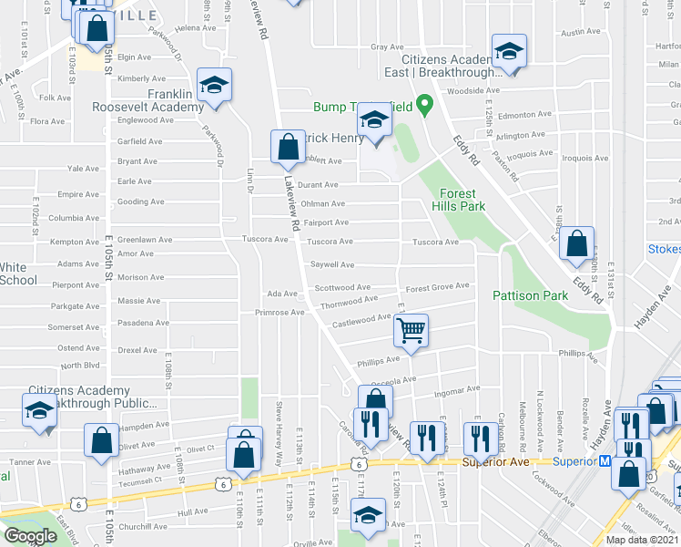 map of restaurants, bars, coffee shops, grocery stores, and more near 11610 Scottwood Avenue in Cleveland