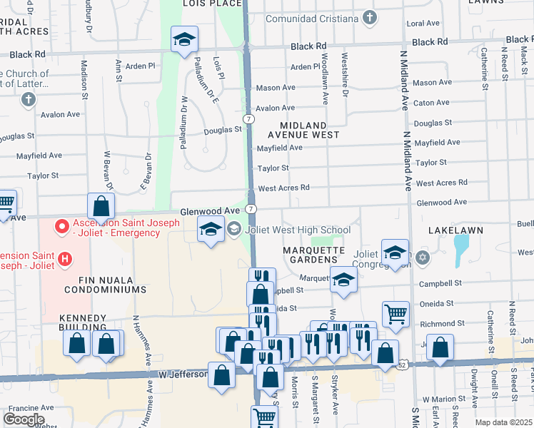 map of restaurants, bars, coffee shops, grocery stores, and more near 1646 Marquette Road in Joliet