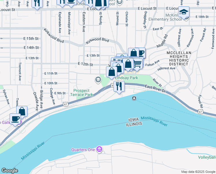 map of restaurants, bars, coffee shops, grocery stores, and more near 1719 East River Drive in Davenport