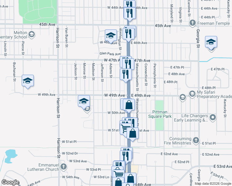 map of restaurants, bars, coffee shops, grocery stores, and more near 4924 Washington Street in Gary
