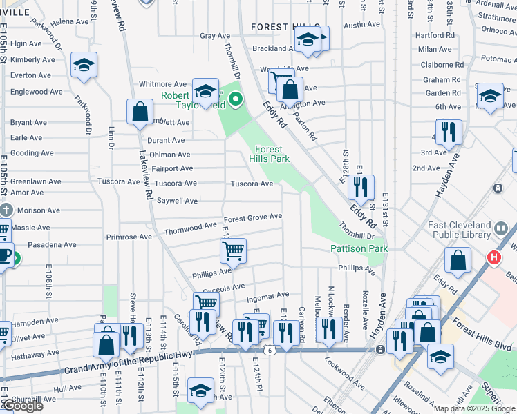 map of restaurants, bars, coffee shops, grocery stores, and more near 12402 Forest Grove Avenue in Cleveland