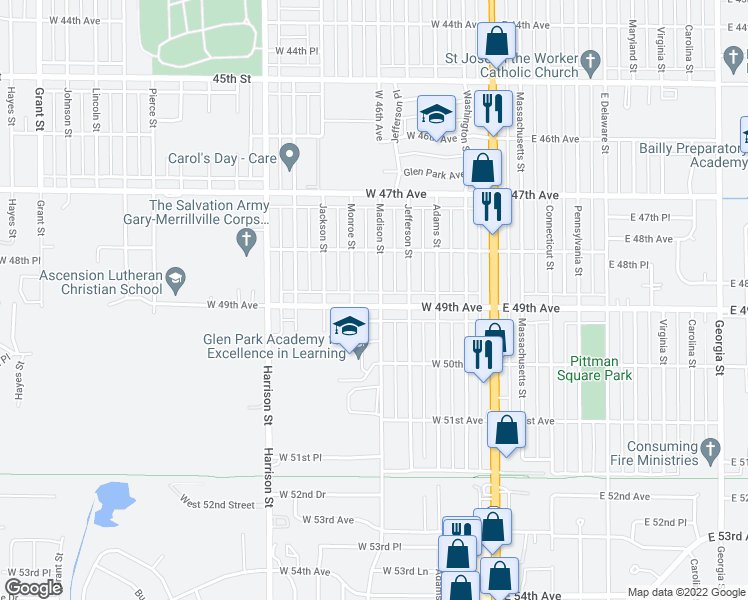 map of restaurants, bars, coffee shops, grocery stores, and more near 400 West 49th Avenue in Gary