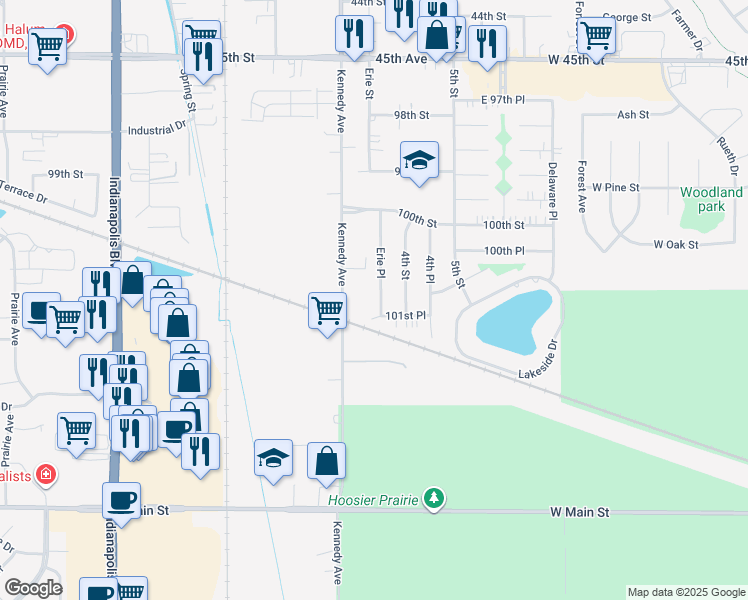 map of restaurants, bars, coffee shops, grocery stores, and more near 10114 Erie Place in Highland