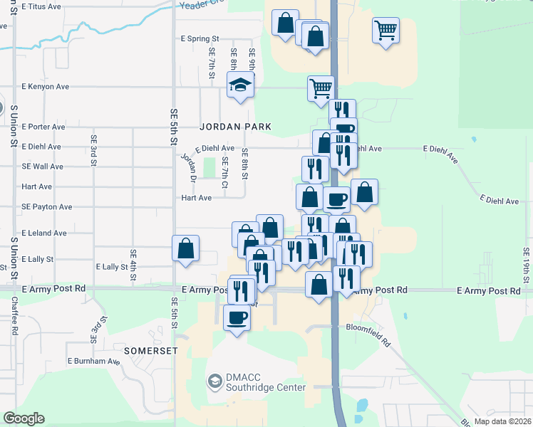 map of restaurants, bars, coffee shops, grocery stores, and more near 1120 Cummins Road in Des Moines