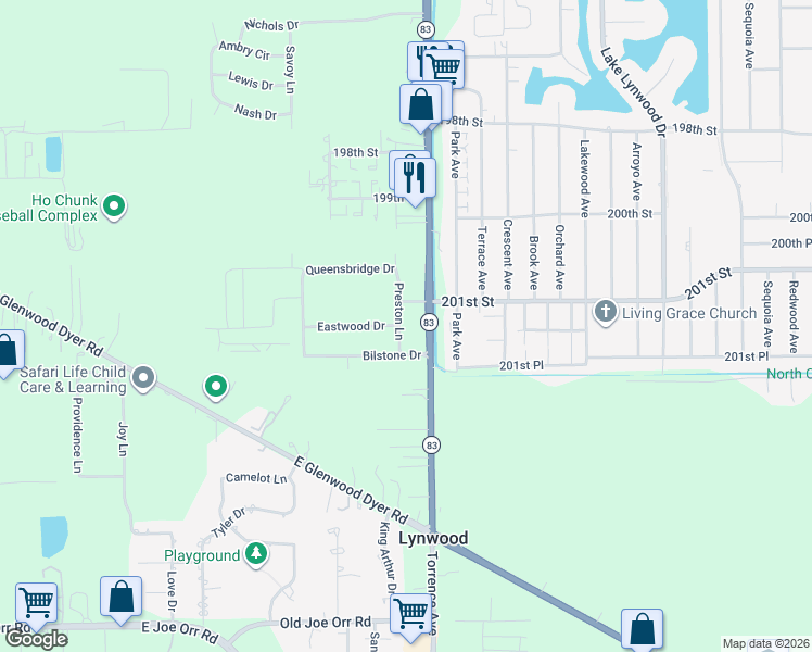 map of restaurants, bars, coffee shops, grocery stores, and more near 20084 Preston Lane in Lynwood