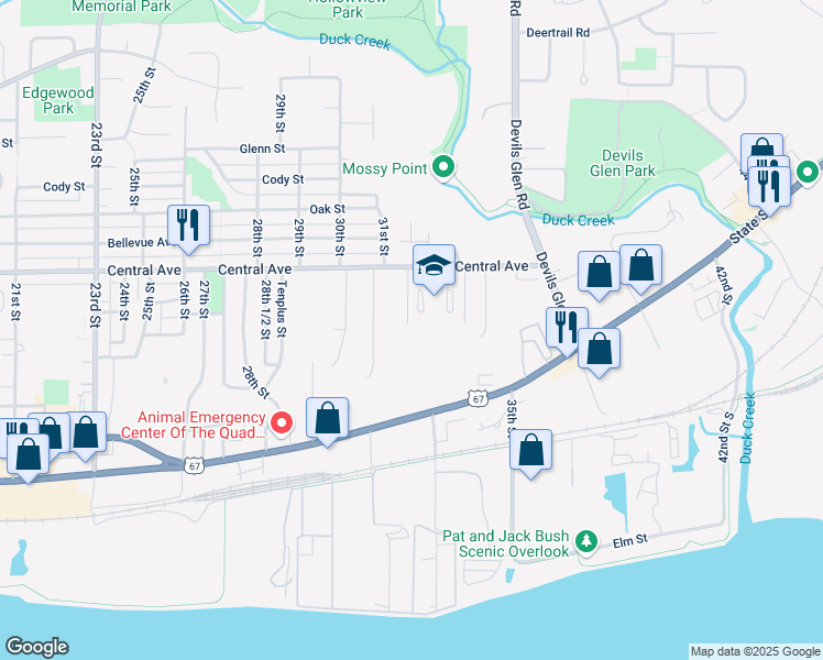 map of restaurants, bars, coffee shops, grocery stores, and more near 12 Central Lane in Bettendorf