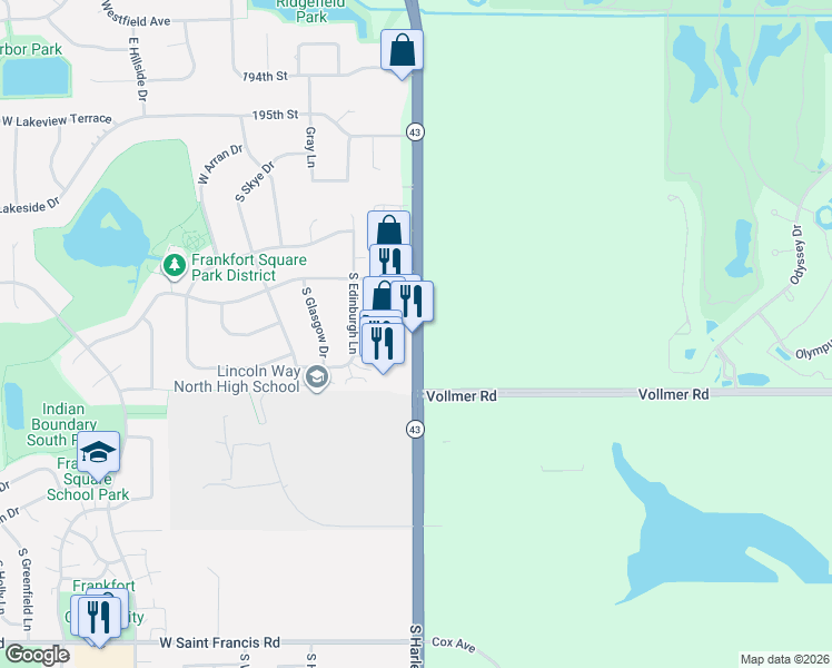 map of restaurants, bars, coffee shops, grocery stores, and more near 19828 South Harlem Avenue in Frankfort