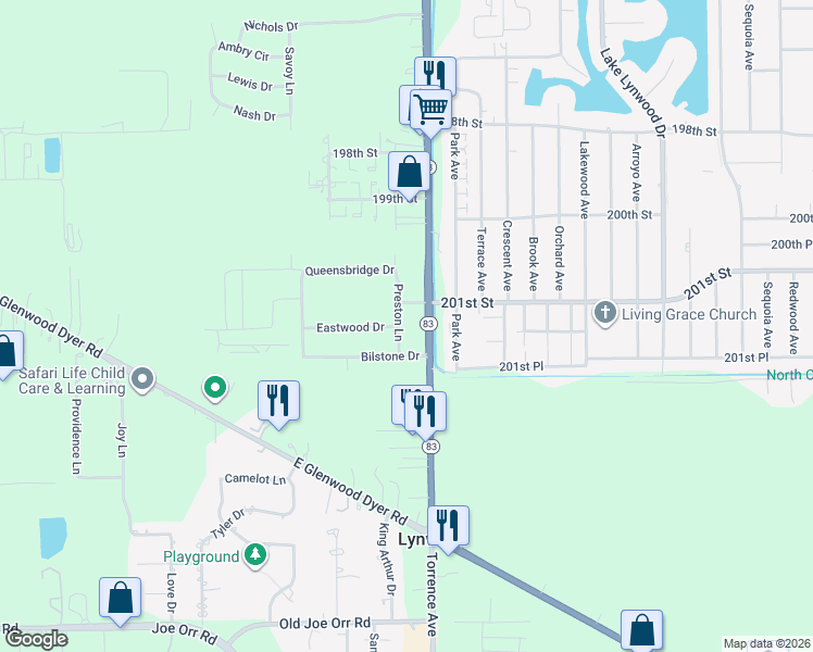 map of restaurants, bars, coffee shops, grocery stores, and more near 20084 Preston Lane in Lynwood
