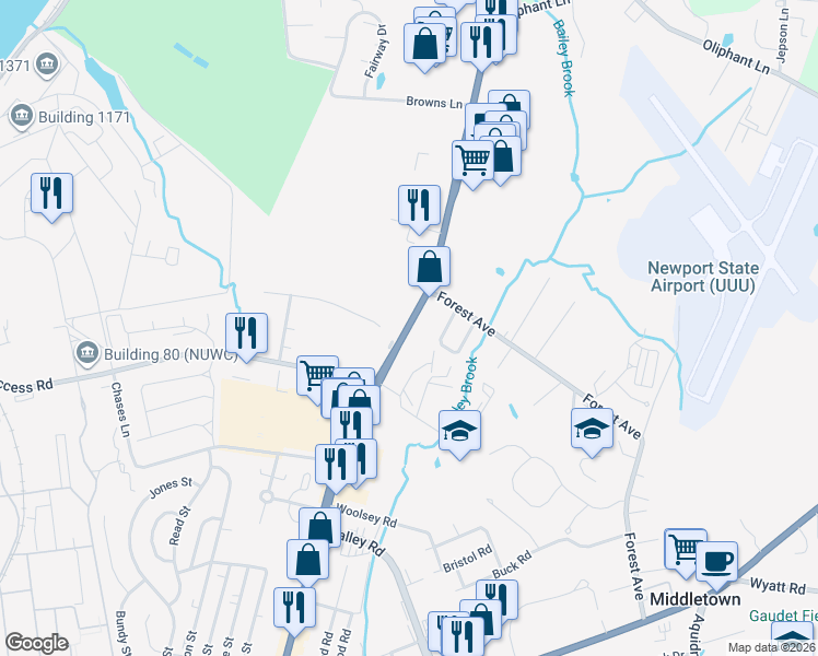 map of restaurants, bars, coffee shops, grocery stores, and more near 1004 West Main Road in Middletown