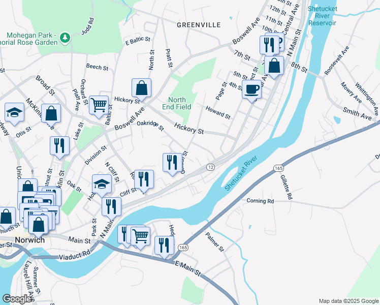 map of restaurants, bars, coffee shops, grocery stores, and more near 126 Oakridge Street in Norwich