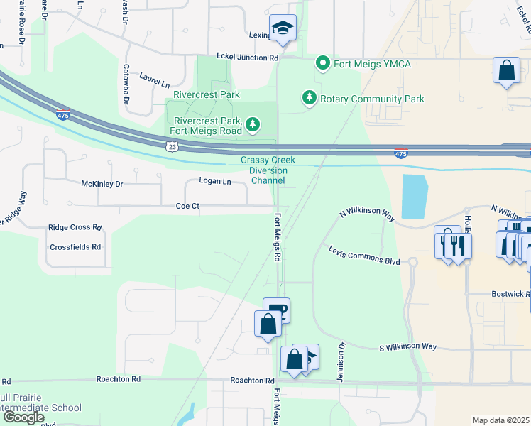 map of restaurants, bars, coffee shops, grocery stores, and more near 1935 Coe Court in Perrysburg