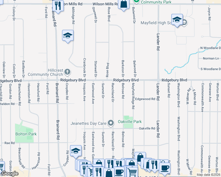 map of restaurants, bars, coffee shops, grocery stores, and more near 1101 Ranchland Drive in Mayfield Heights