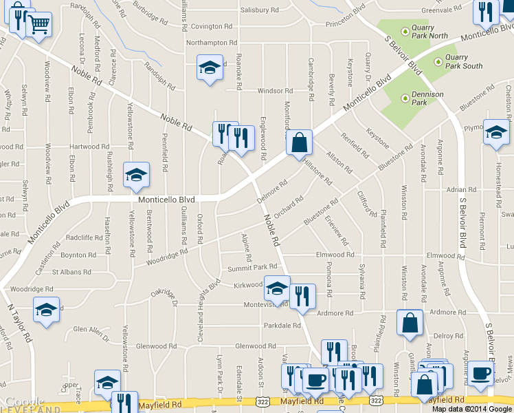 map of restaurants, bars, coffee shops, grocery stores, and more near 2605 Noble Road in Cleveland Heights
