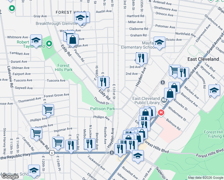 map of restaurants, bars, coffee shops, grocery stores, and more near 999 East 130th Street in Cleveland