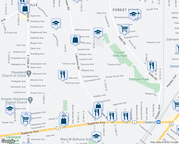 map of restaurants, bars, coffee shops, grocery stores, and more near 11514 Tuscora Avenue in Cleveland