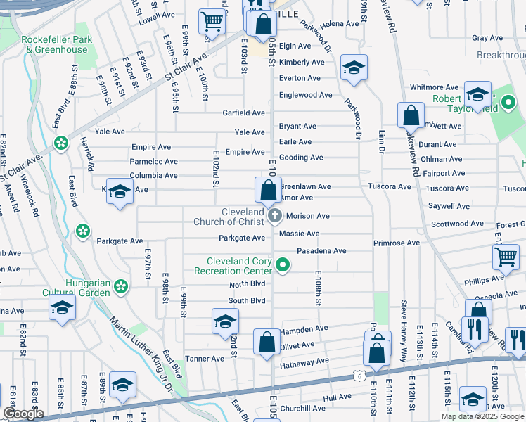 map of restaurants, bars, coffee shops, grocery stores, and more near 10406 Kempton Avenue in Cleveland