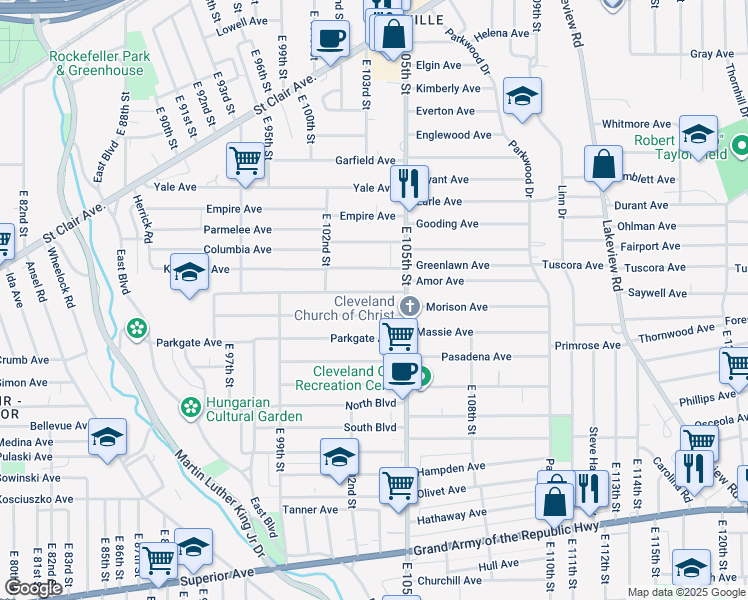 map of restaurants, bars, coffee shops, grocery stores, and more near 10406 Kempton Avenue in Cleveland