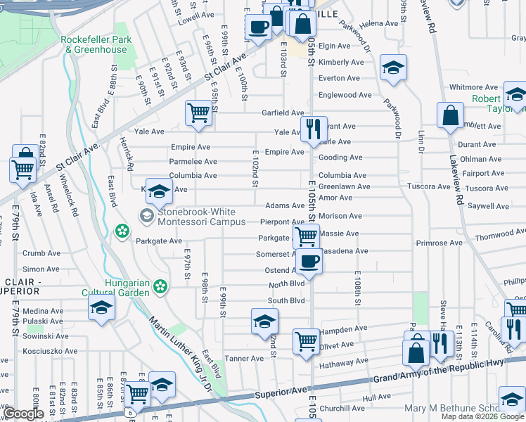 map of restaurants, bars, coffee shops, grocery stores, and more near 10226 Kempton Avenue in Cleveland