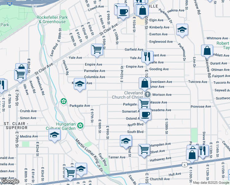map of restaurants, bars, coffee shops, grocery stores, and more near 10008 Kempton Avenue in Cleveland
