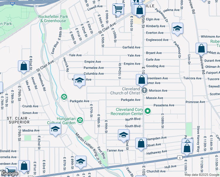 map of restaurants, bars, coffee shops, grocery stores, and more near 9704 Kempton Avenue in Cleveland