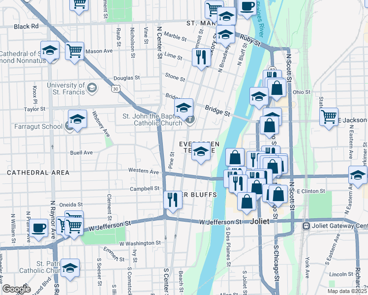 map of restaurants, bars, coffee shops, grocery stores, and more near 374 North Hickory Street in Joliet