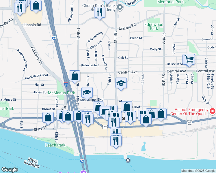 map of restaurants, bars, coffee shops, grocery stores, and more near 904 17th Street in Bettendorf