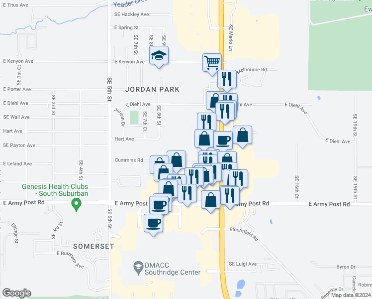 map of restaurants, bars, coffee shops, grocery stores, and more near 1200 Cummins Road in Des Moines