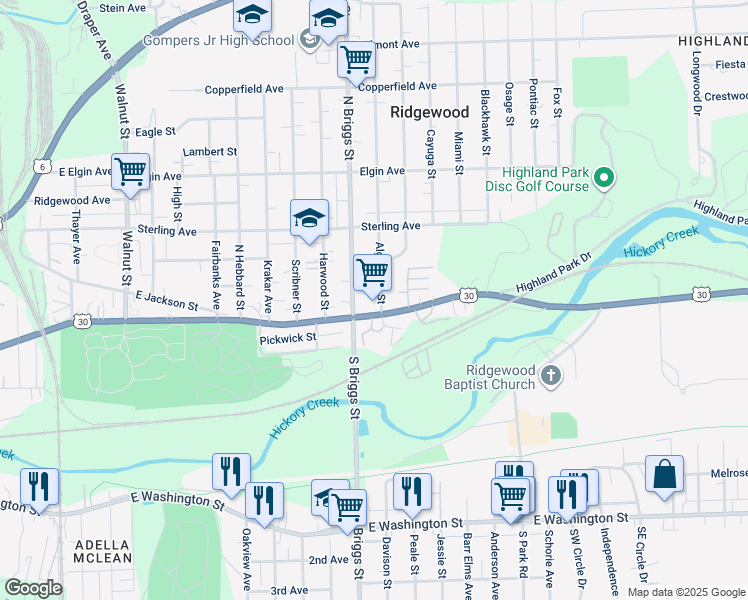 map of restaurants, bars, coffee shops, grocery stores, and more near 201 Algonquin Street in Joliet
