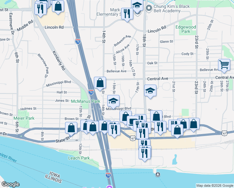 map of restaurants, bars, coffee shops, grocery stores, and more near 825-827 15th Street in Bettendorf
