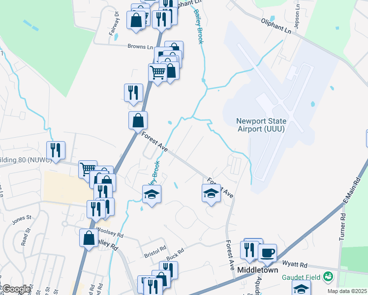 map of restaurants, bars, coffee shops, grocery stores, and more near 6 Champlin Terrace in Middletown