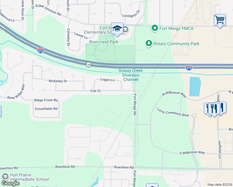 map of restaurants, bars, coffee shops, grocery stores, and more near 2010 Coe Court in Perrysburg