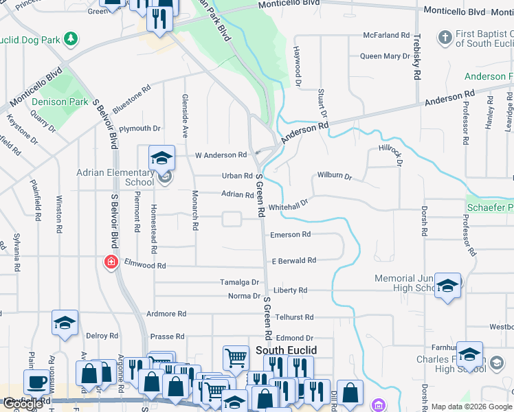 map of restaurants, bars, coffee shops, grocery stores, and more near 1104 South Green Road in South Euclid