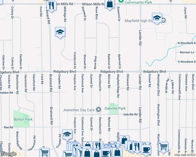 map of restaurants, bars, coffee shops, grocery stores, and more near 1101 Ranchland Drive in Mayfield Heights